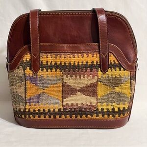 Vintage Yun Art Turkish Kilim Wool & Leather Shoulder Tote Hand Bag Purse Boho